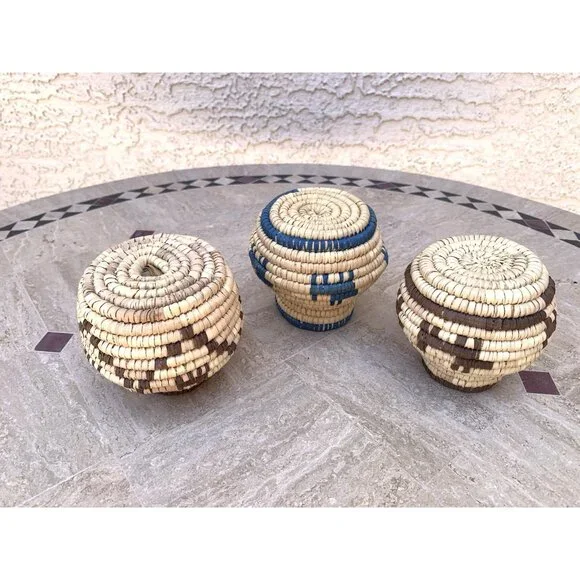 3 Miniature Native American Hand Woven Coiled Grass Seed Pots Papago Animals - Picture 11 of 13